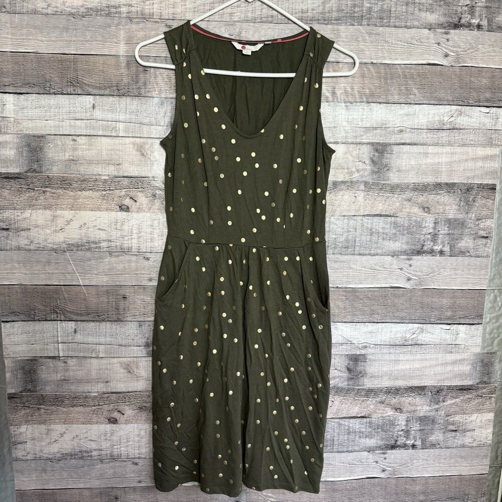 Boden Womens US 8R Olive Green Gold Polka Dot Jersey Pocket Dress Modal Cotton